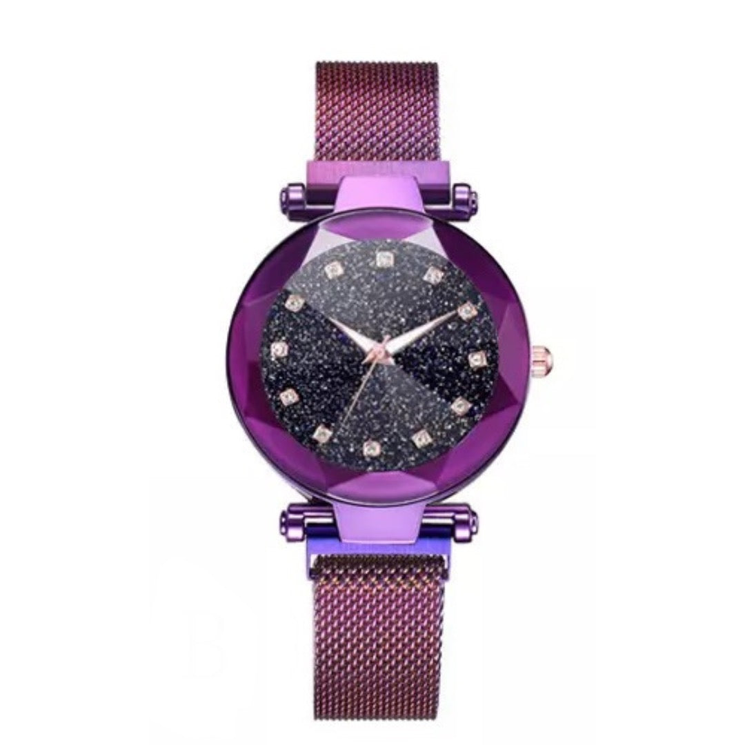 Purple Magnetic Galaxy Quartz Stainless Steel Watch for Women