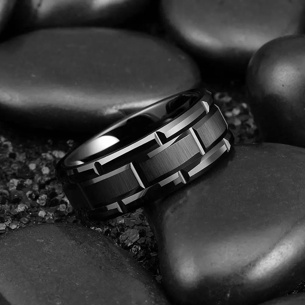 Black Brick Patterned Groove Stainless Steel Ring