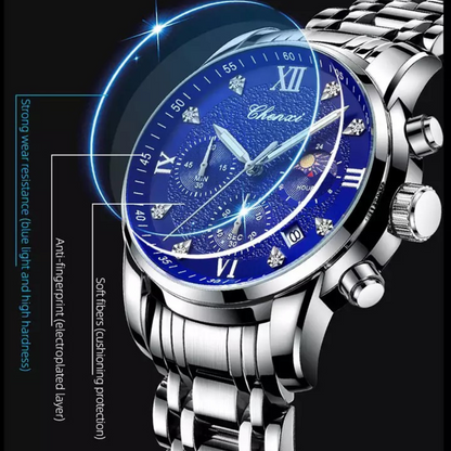 CHENXI Silver & Blue Luxury Sports Stainless Steel Watch for Men