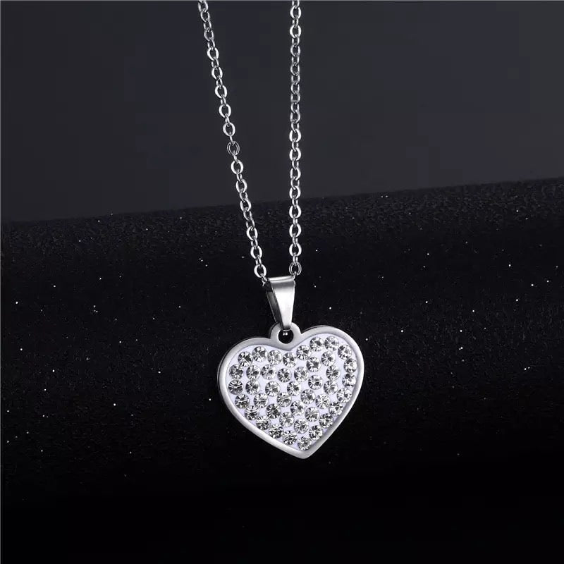 Heart Silver Rhinestone Stainless Steel Necklace