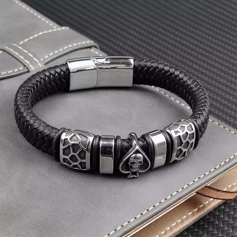 Spades Skull Stainless Steel Braided Leather Bracelet