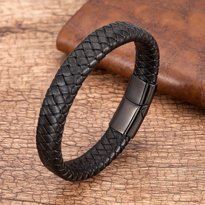 Black Leather Braided Cuff Bracelet