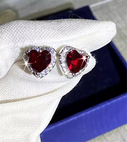 Red Heart Stud Cubic Zirconia 925 Sterling Silver Earrings