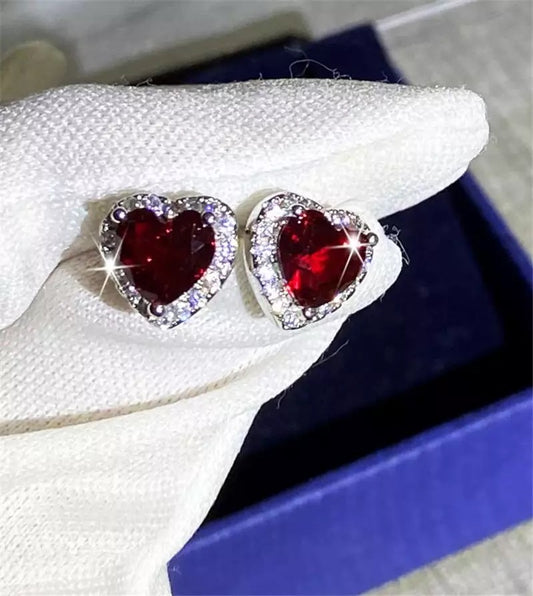 Red Heart Stud Cubic Zirconia 925 Sterling Silver Earrings