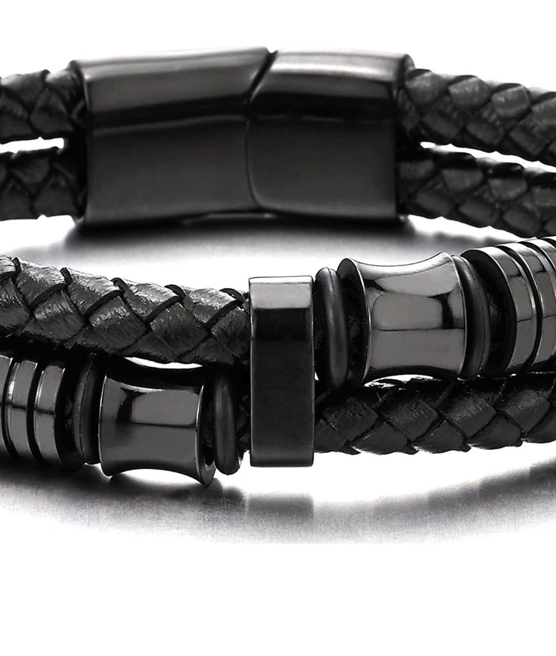 Black Leather Braided Cuff Bracelet (#BXXG1331)