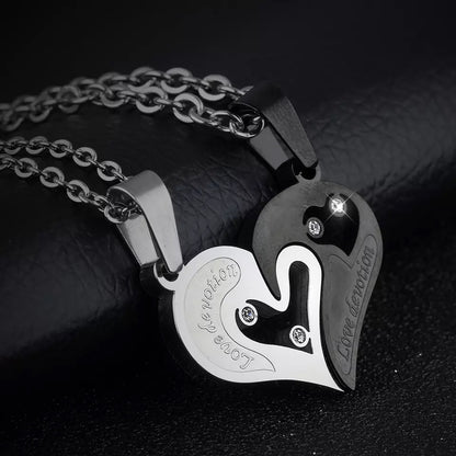 Silver & Black Spliced Heart Couples Stainless Steel Necklace Set