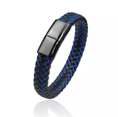 Black & Blue Leather Braided Cuff Bracelet