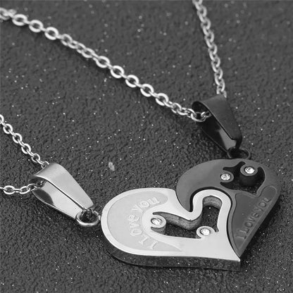 Silver & Black Spliced Heart Couples Stainless Steel Necklace Set