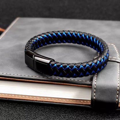 Black & Blue Leather Braided Cuff Bracelet