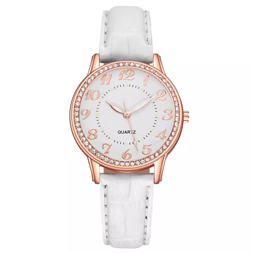 Crystal Leather Band Quartz Stainless Steel Watch for Women