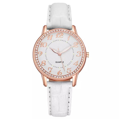 Crystal Leather Band Quartz Stainless Steel Watch for Women