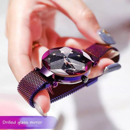 Purple Magnetic Galaxy Quartz Stainless Steel Watch for Women