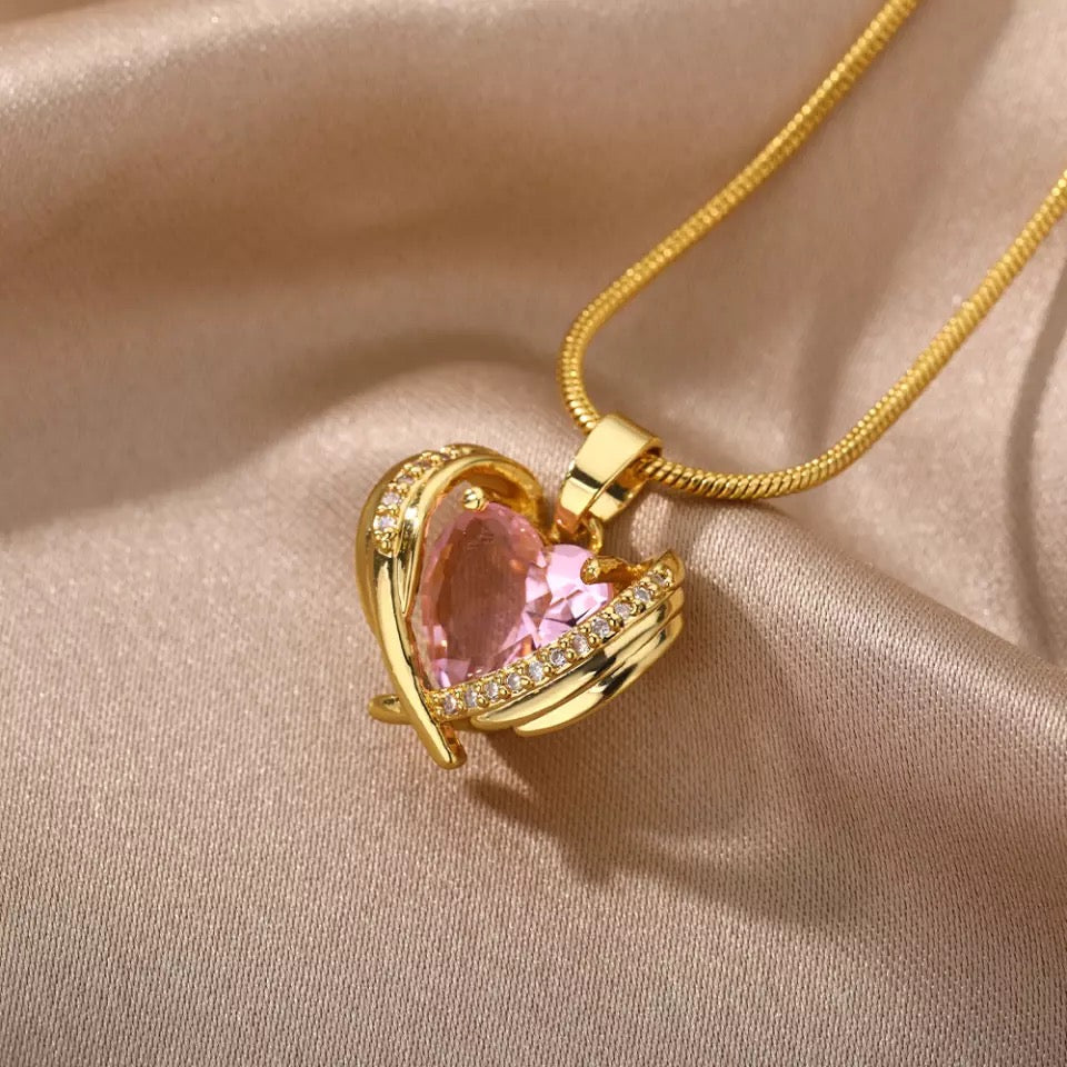 Pink Crystal Heart Stainless Steel Necklace