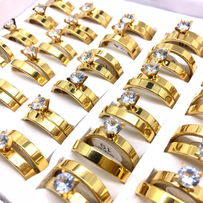 Flat Surface Golden Zircon Stainless Steel Couples Rings