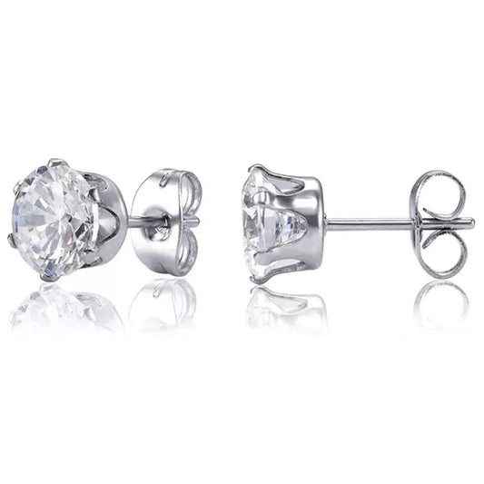 Unisex 6MM Silver Round Beveled Edge Stud Stainless Steel Earrings