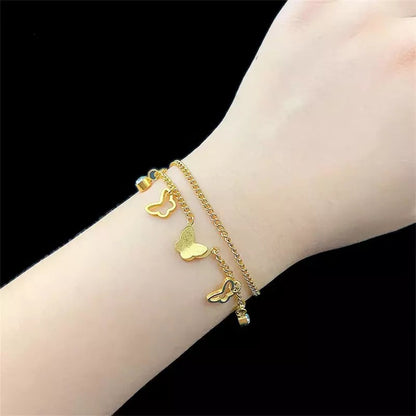 Zircon Shell Double Layer Butterfly Charm Stainless Steel Bracelet