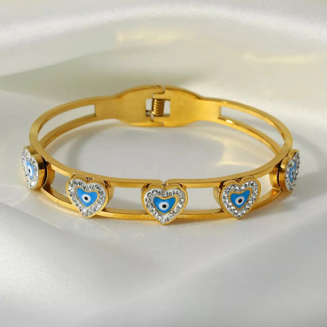 AENSOA Rhinestone Hearts Crystal Enamel Stainless Steel Bangle Bracelet