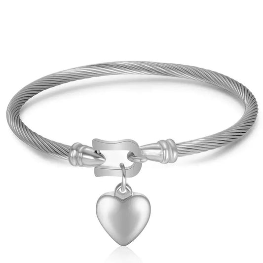 Silver Buckle Heart Charm Stainless Steel Bangle Bracelet