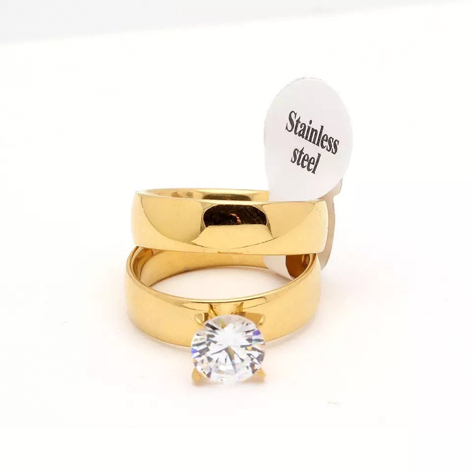 Round Golden Zircon Stainless Steel Couples Rings