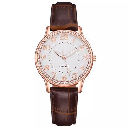 Crystal Leather Band Quartz Stainless Steel Watch for Women