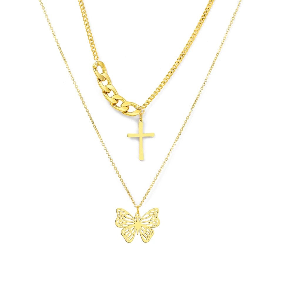 Vintage Butterfly-Cross Gold Double Layer Stainless Steel Necklace