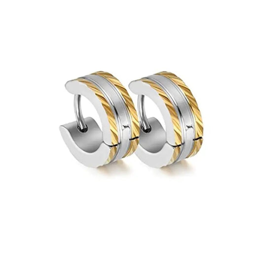 Unisex 4MM Silver & Gold Outer-Streak Huggie Stainless Steel Earrings