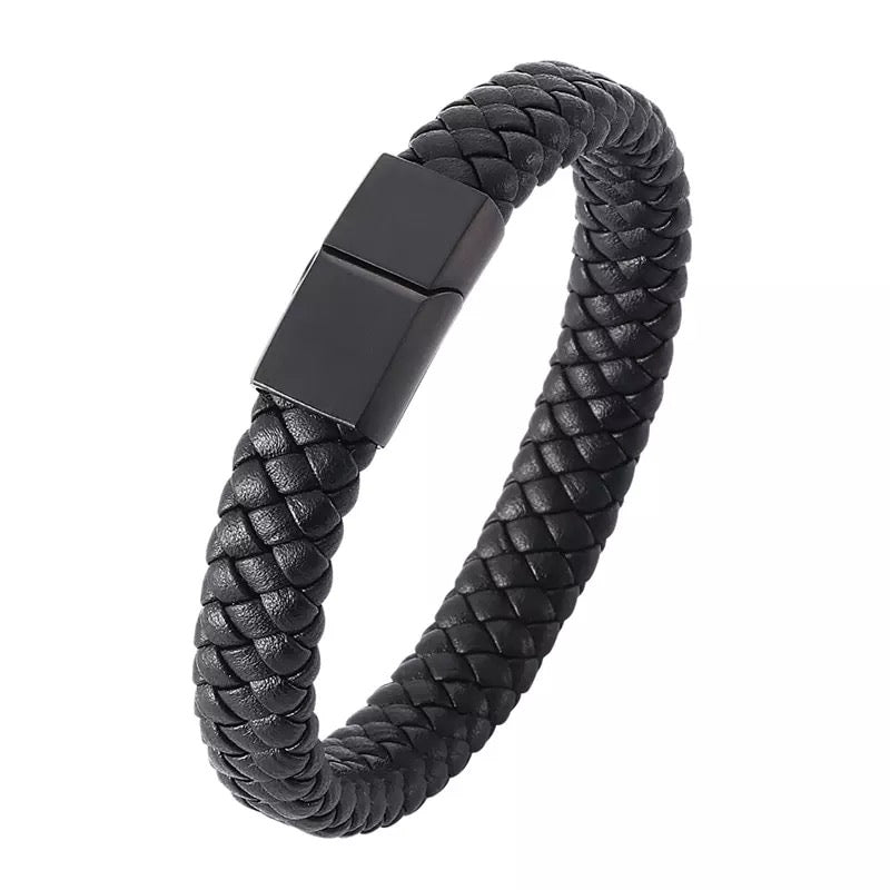 Black Leather Braided Cuff Bracelet