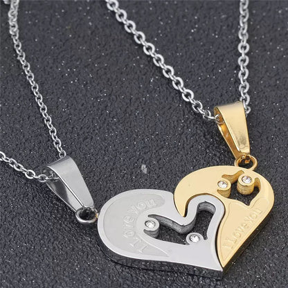 Silver & Gold Spliced Heart Couples Stainless Steel Necklace Set