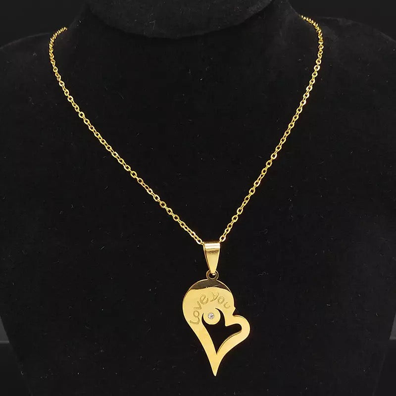 Gold Spliced Heart Couples Stainless Steel Necklace Set