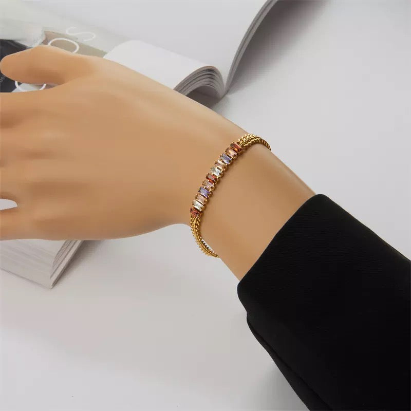 Zircon Colorful Crystal Charm Thick Chain Stainless Steel Bracelet