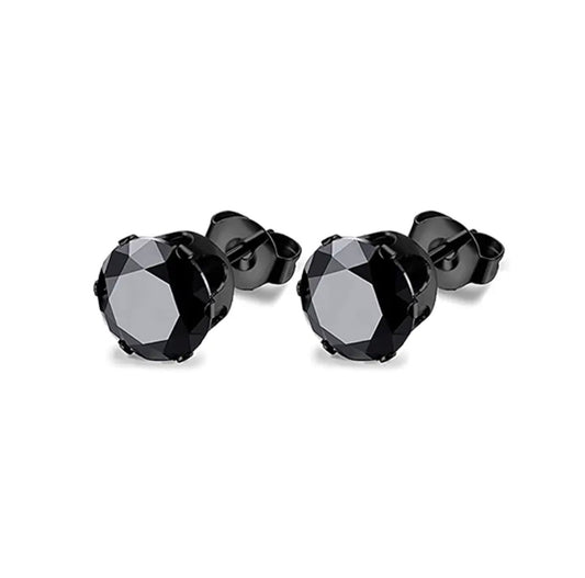 Unisex 6MM Round Beveled Edge Black Stud Stainless Steel Earrings