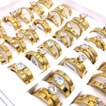 Flat Surface Golden Zircon Stainless Steel Couples Rings