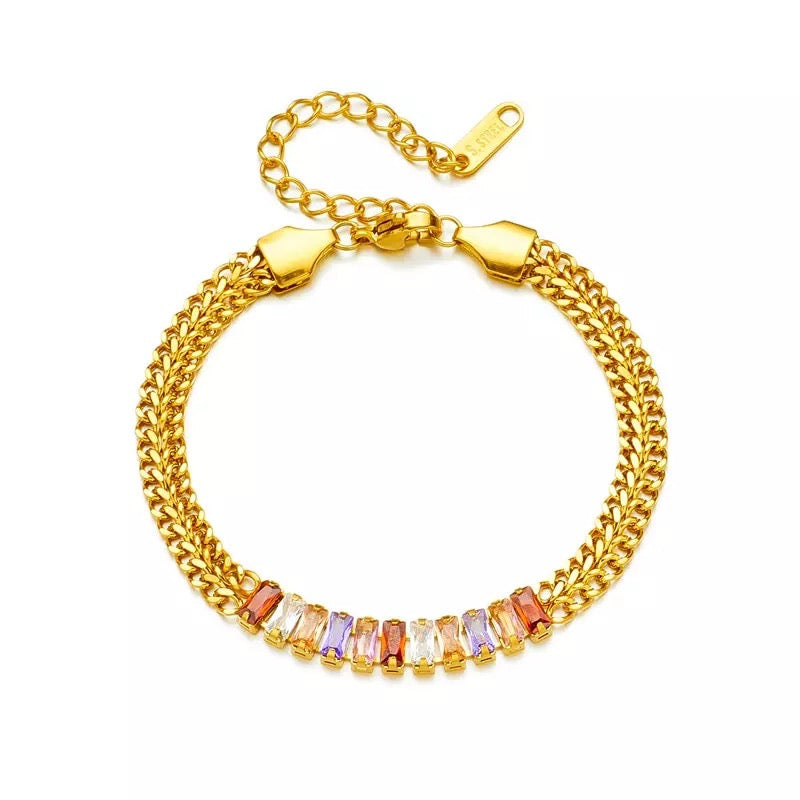 Zircon Colorful Crystal Charm Thick Chain Stainless Steel Bracelet