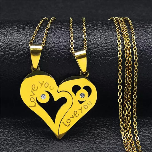 Gold Spliced Heart Couples Stainless Steel Necklace Set