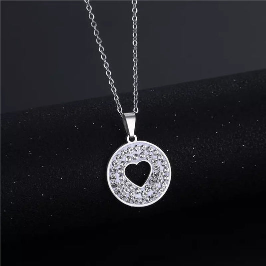 Round Heart Silver Rhinestone Stainless Steel Necklace