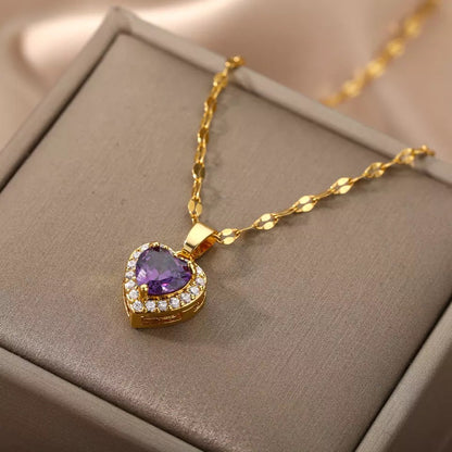 Purple Heart Cubic Zirconia Stainless Steel Necklace