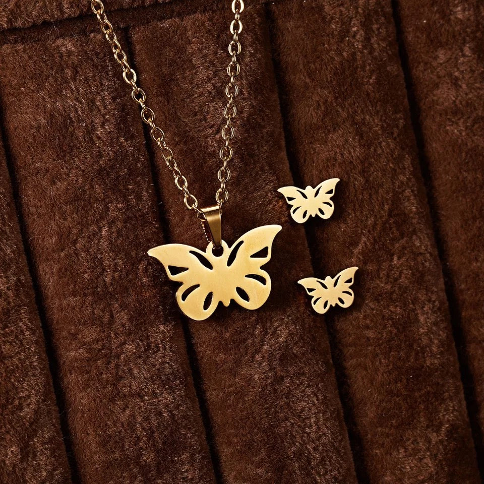 Stainless Steel Gold Necklace Set (Butterfly #G1)