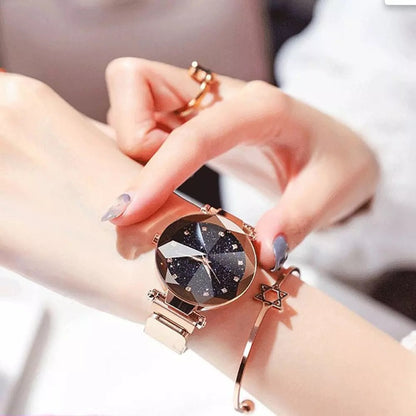 Gold Magnetic Galaxy Quartz Stainless Steel Watch for Women