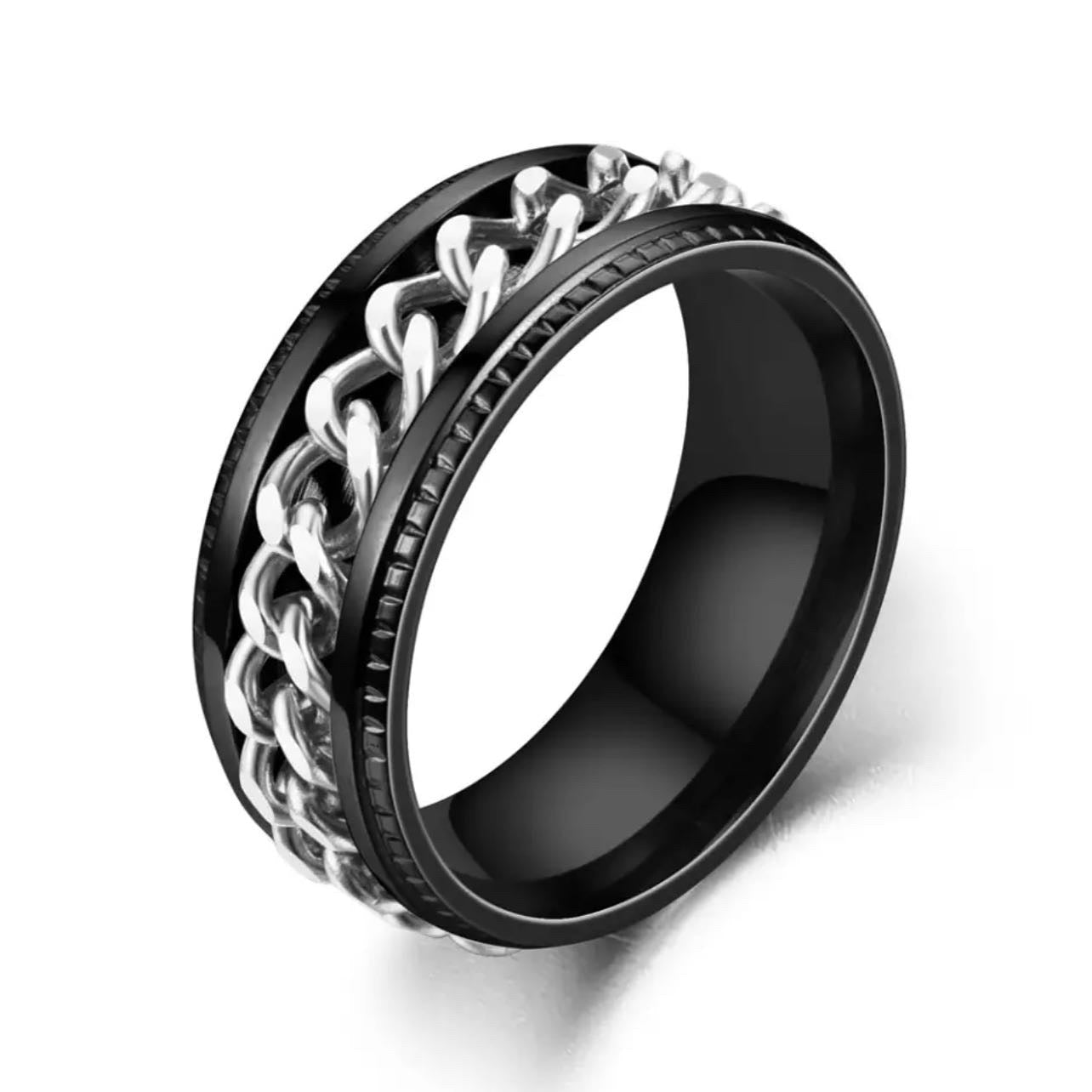 Black with Silver Chain Spinner Stainless Steel Ring