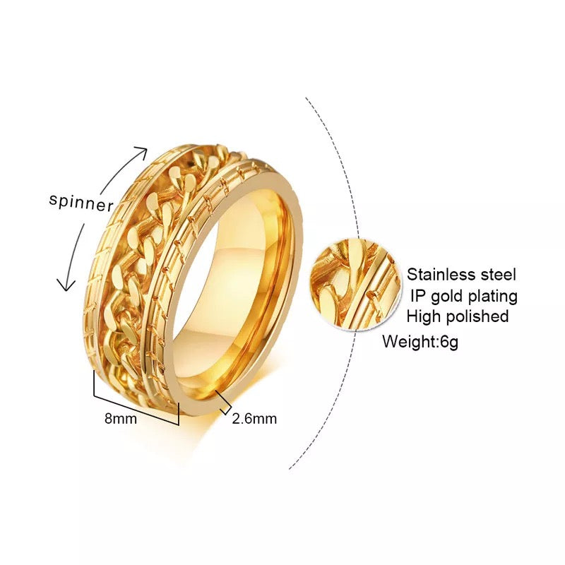 Gold with Gold Chain Spinner Stainless Steel Ring