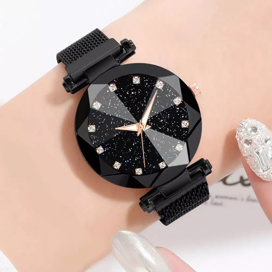 Black Magnetic Galaxy Quartz Stainless Steel Watch for Women