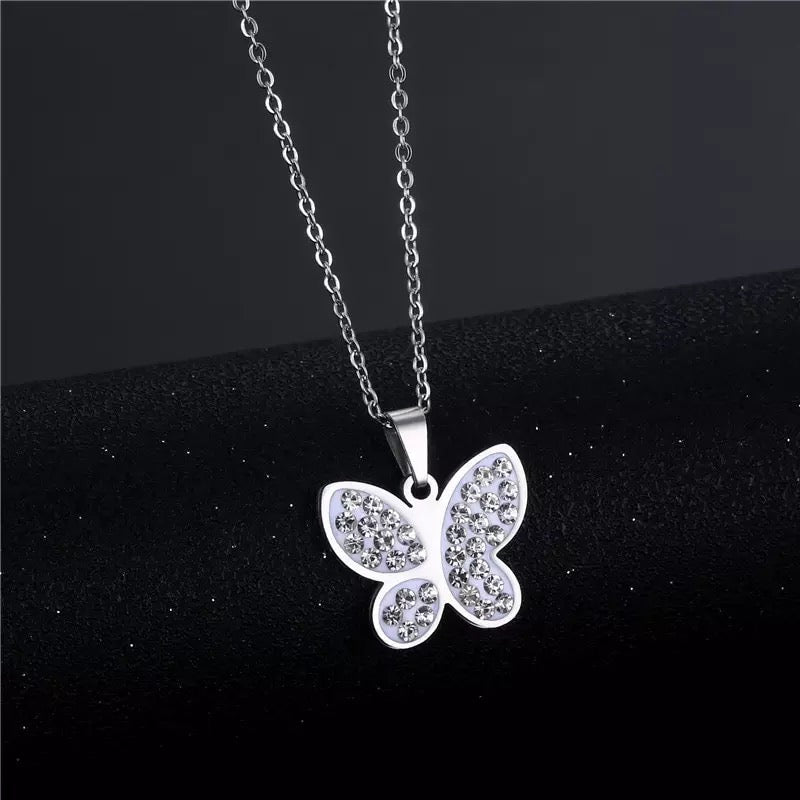 Butterfly Silver Rhinestone Stainless Steel Necklace Style 1