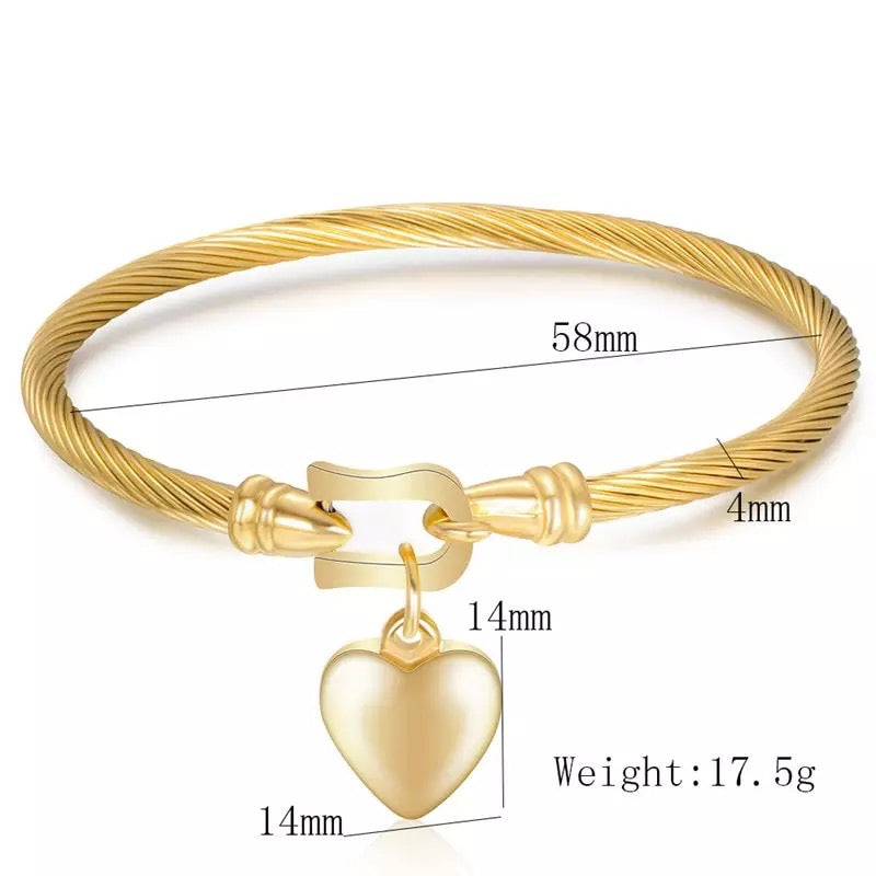 Gold Buckle Heart Charm Stainless Steel Bangle Bracelet