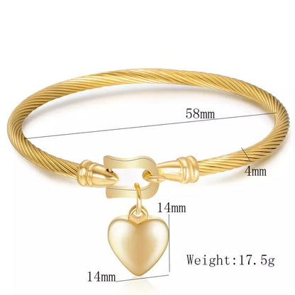 Gold Buckle Heart Charm Stainless Steel Bangle Bracelet