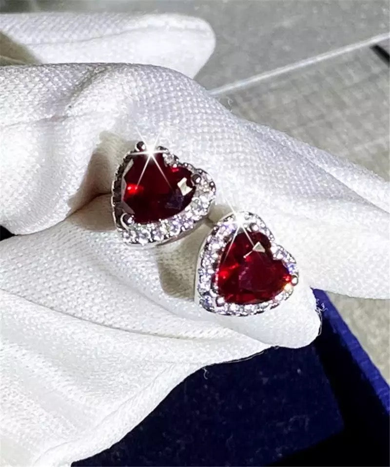 Red Heart Stud Cubic Zirconia 925 Sterling Silver Earrings