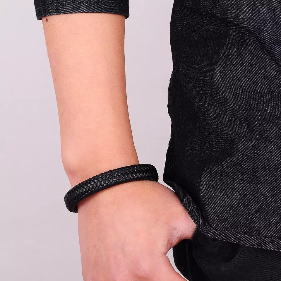 Black Leather Braided Cuff Bracelet