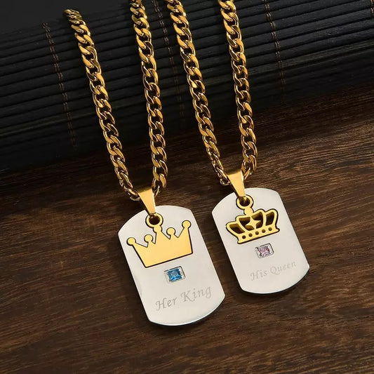 His Queen Her King Figaro Silver & Gold Dog Tag Couples Necklace Set