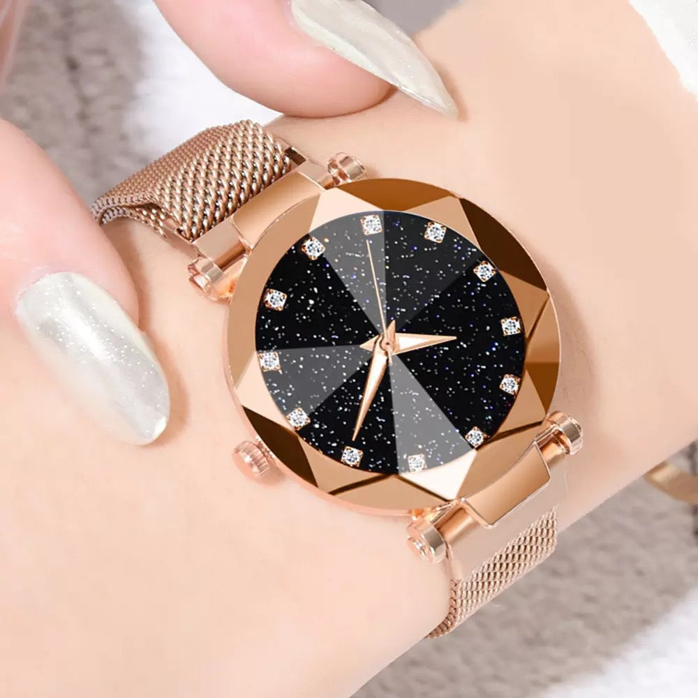 Gold Magnetic Galaxy Quartz Stainless Steel Watch for Women