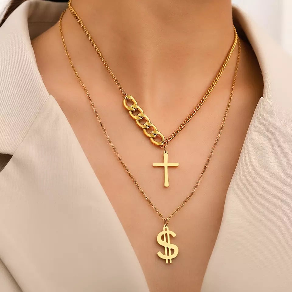 Vintage Money-Cross Gold Double Layer Stainless Steel Necklace