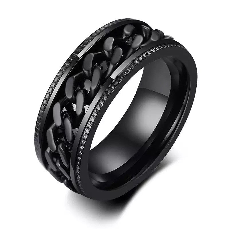 Black with Black Chain Spinner Stainless Steel Ring